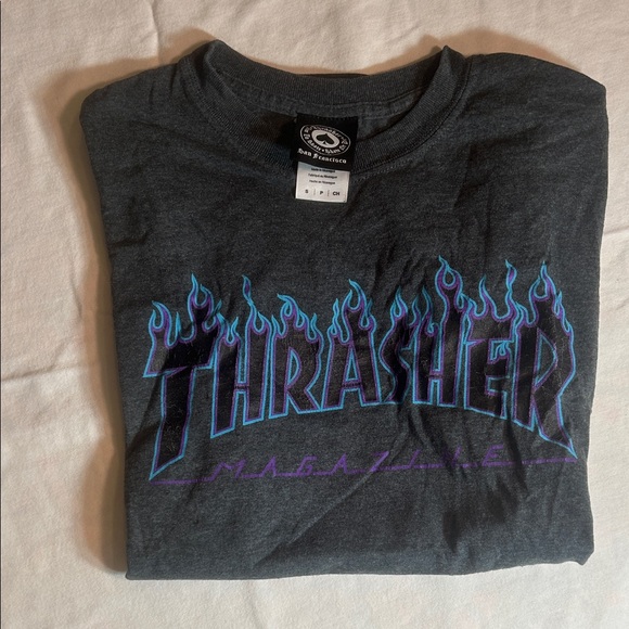 Thrasher Charcoal Tee with Blue and Purple Flames - Picture 1 of 2